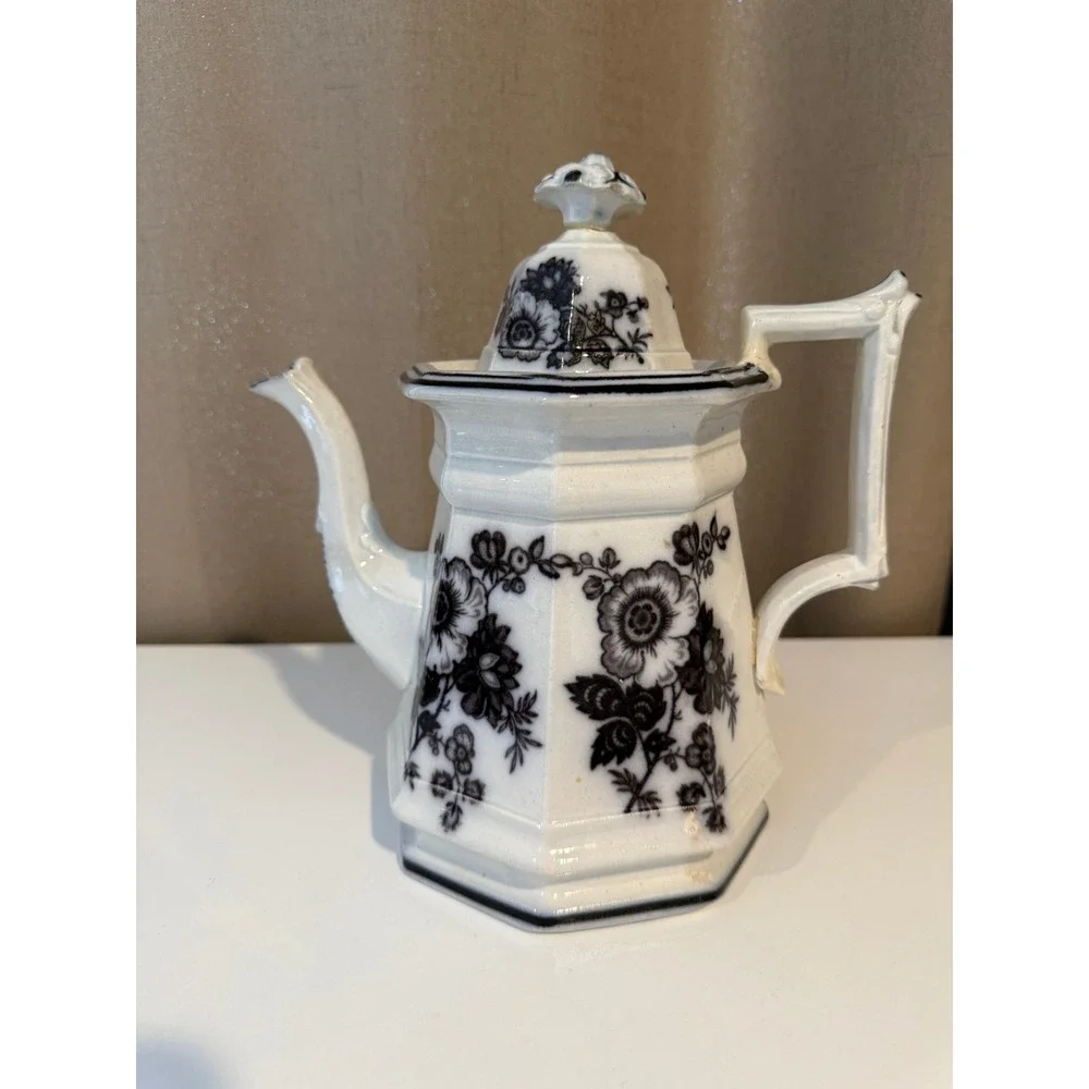 Antique Flow Blue Octagonal Ironstone Teapot Floral Cobalt White‎ Victorian